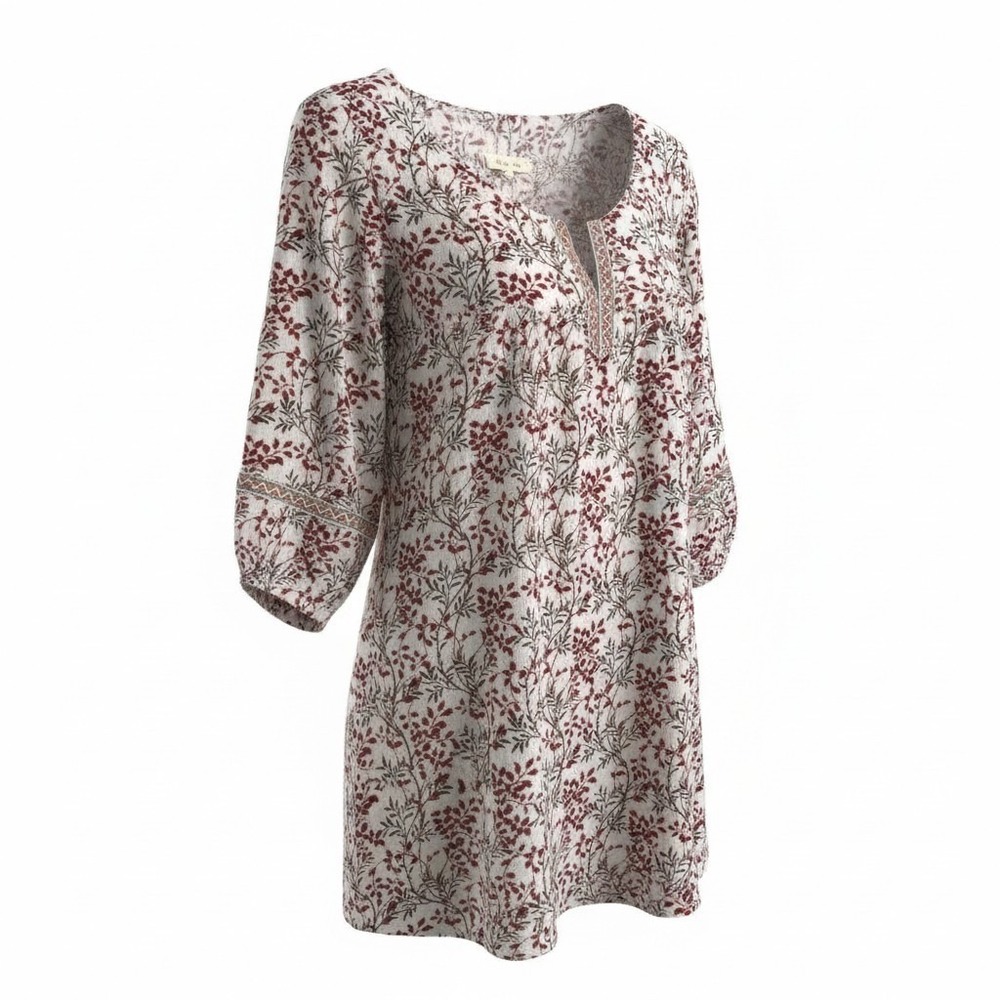 Indigo Soul Womens Large Boho Floral Peasant Top Ivory Burgundy Tunic Blouse